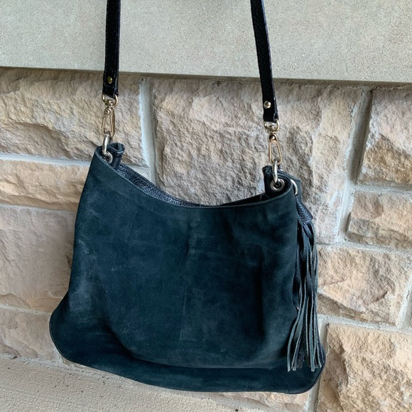Bohemian SIMONS Nubuck Suede Pebbled Leather Black Hobo Slouchy Cross Body Purse - Picture 13 of 16